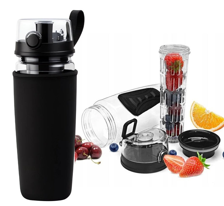 Sticla de apa cu recipient pentru fructe, Zola, capacitate 1 L, husa cu agatatoare, inchidere etansa, plastic, 25 x 8 cm, transparent / negru