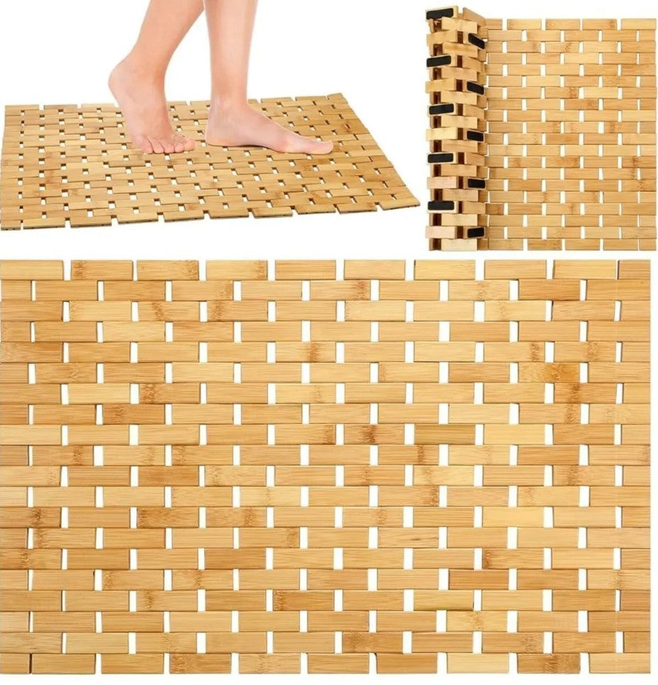 Covoras de baie din bambus, Zola, previne alunecarile, rezistent la umiditate, 80 x 50 x 1 cm, maro