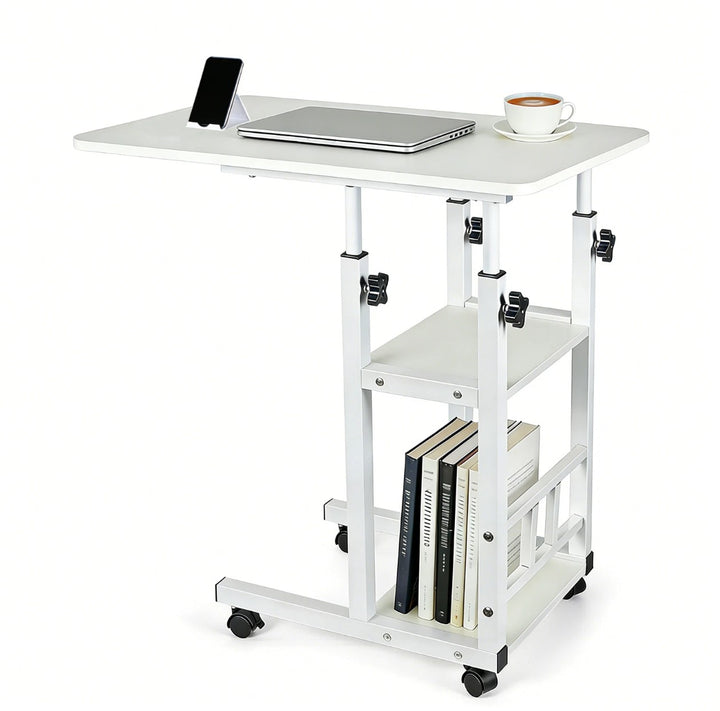 Birou mobil pentru laptop, Zola,inaltime reglabila 64-86 cm, 2 rafturi, roti cu frana, cadru metalic, blat 80 x 40 cm, alb