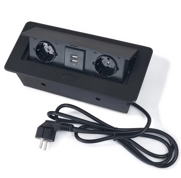 Priza incastrabila dreptunghiulara, Zola®, 2 prize alimentare 250V, 2x USB 2.1 - 2A, carcasa metalica, negru