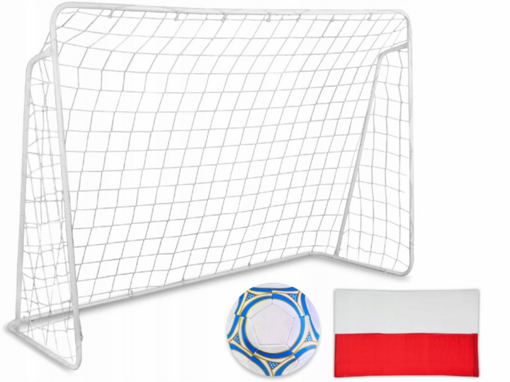 Poarta de fotbal marime XXL, Zola, 300 x 200 x 120 cm, cadru otel, steag, minge PVC nr 4, plasa poliester inclusa, cuie pentru fixare