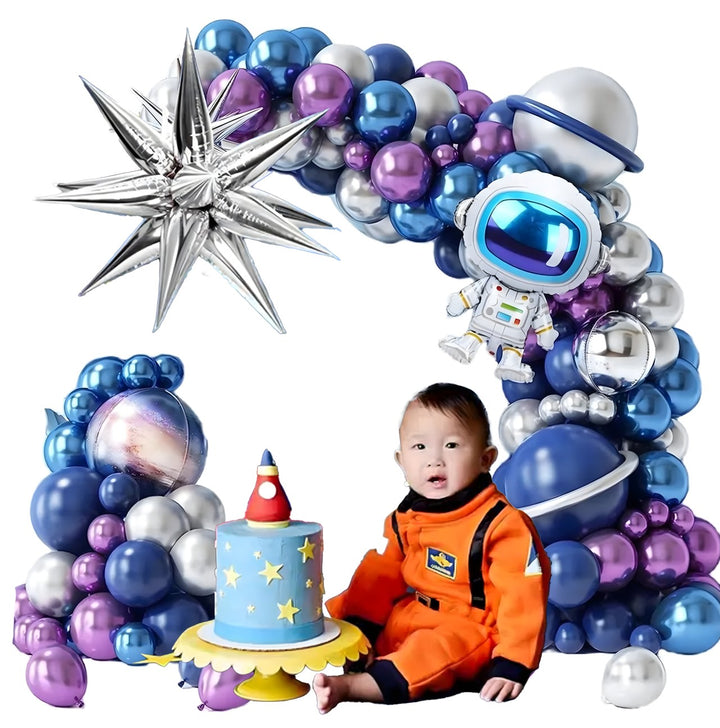 Set 108 baloane pentru arcada model spatiu, Zola, astronaut, 100 buline dublu adezive, 5 m panglica, albastru/argintiu