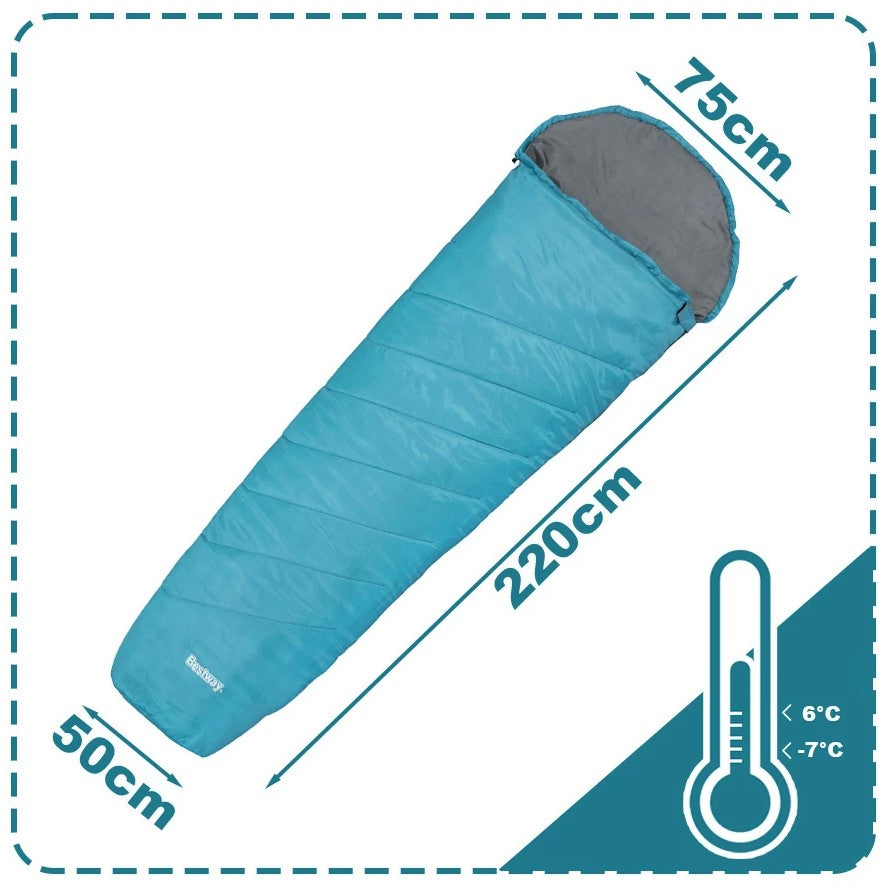 Sac de dormit usor si compact, Bestway, poliester 170T, spuma termica, impermeabil, 800 g, pentru camping si drumetii, 220 x 75 x 50 cm, gri/turcoaz