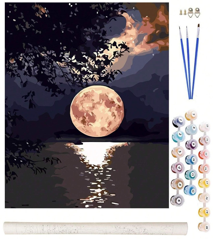 Set pictura pe numere, Zola, pentru copii si adulti, peisaj nocturn cu luna plina reflectata in apa, accesorii incluse, panza 40 x 50 cm