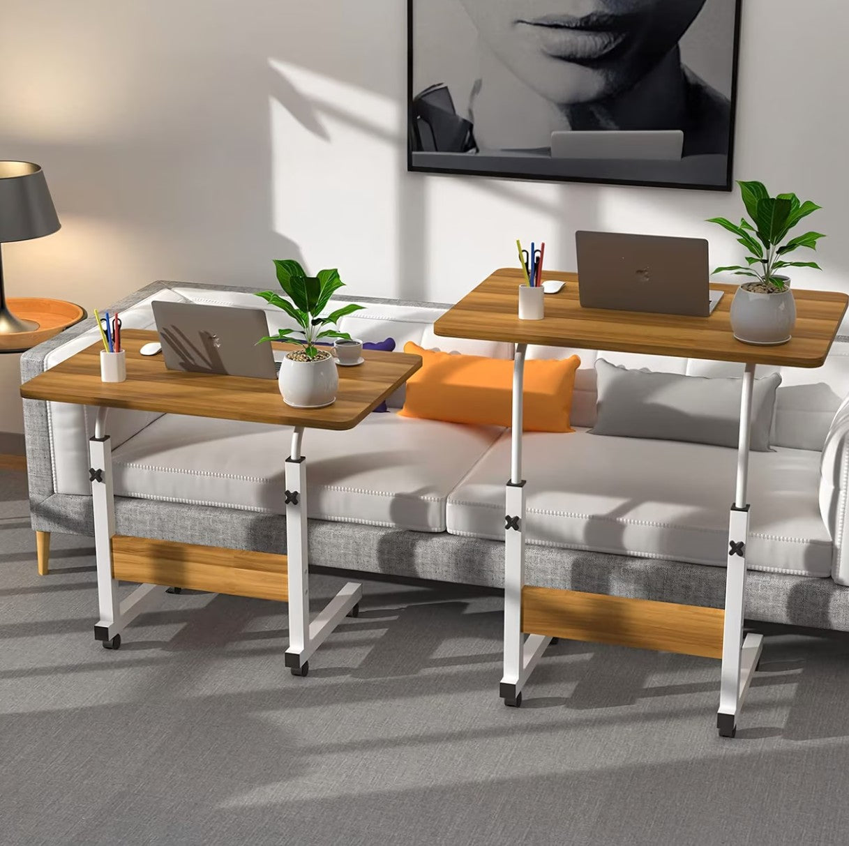 Birou mobil pentru laptop, Zola, 60 x 40 x 69-90 cm, inaltime reglabila, roti pivotante, mecanism blocare, cadru metalic, PAL, alb/artar