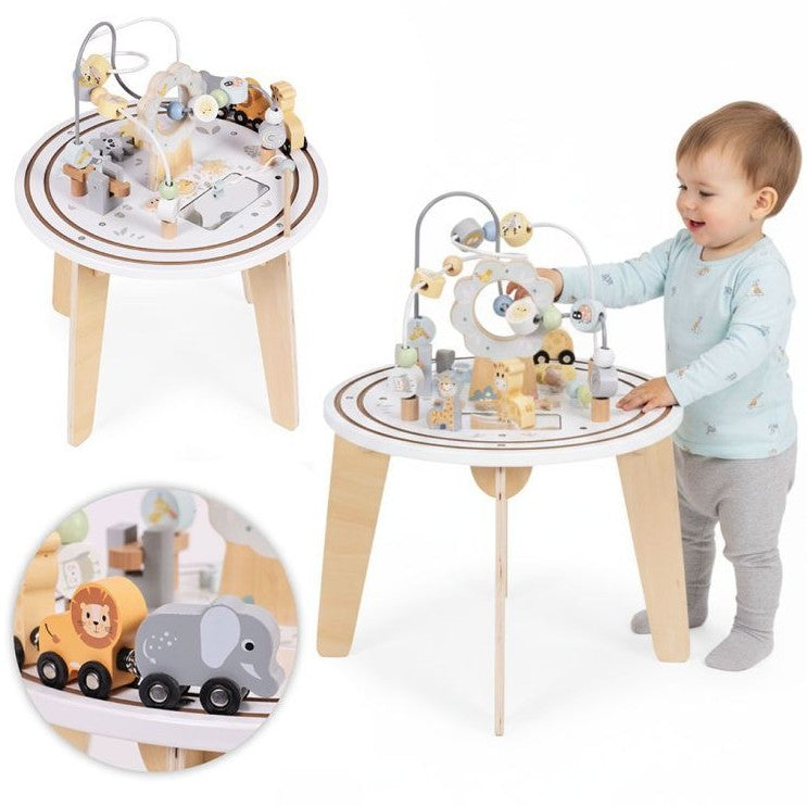 Masuta educationala Montessori, Zola, trenulet magnetic cu animalute, 2 trasee bilute, roti, activitati senzoriale, din lemn, 40 x 54 cm, alba