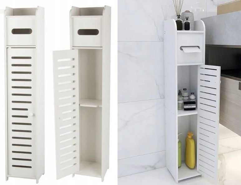 Dulap pentru baie, Zola, 3 rafturi, suport pentru hartie igienica incorporat, plastic, spuma presata, 15 x 15 x 79 cm, alb