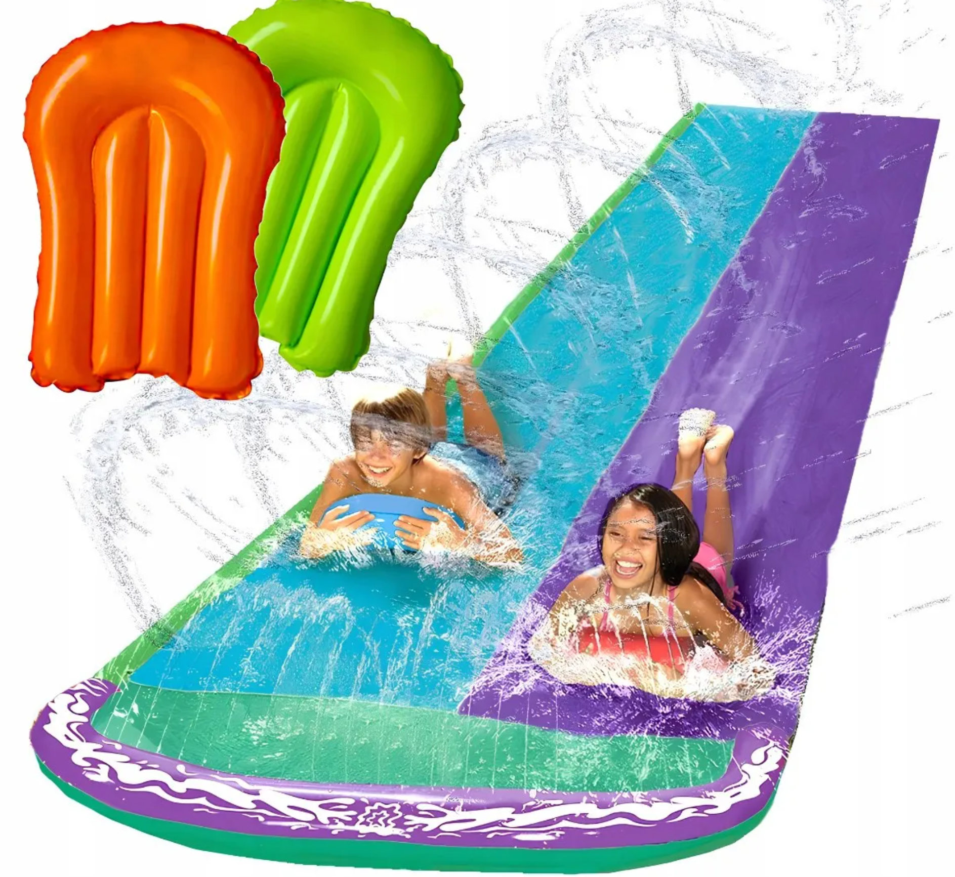 Set tobogan pentru apa dublu, Zola, 2 placi gonflabile, 145 x 482 cm, mov/albastru