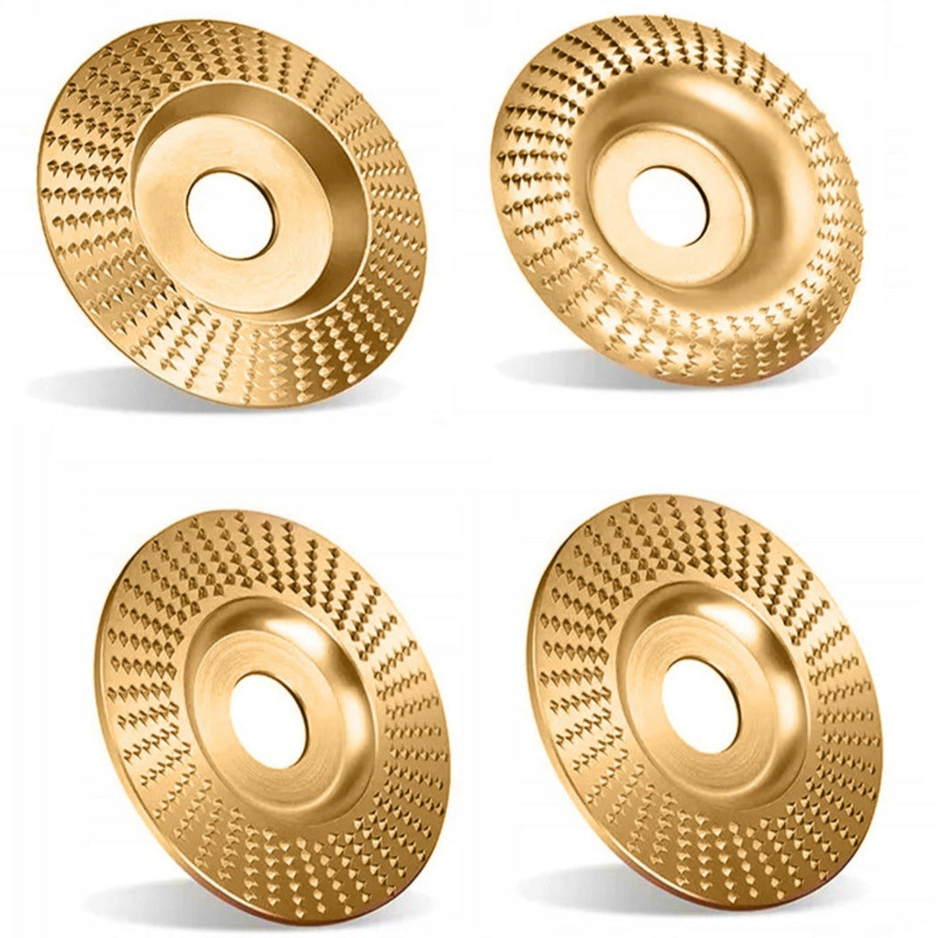 Set 4 discuri pentru prelucrarea lemnului, Zola, model 2 x plate, 1x concav si 1 x conic, diametru disc 100 mm, 15000 rpm, diametrul orificiilor discurilor16 mm, auriu