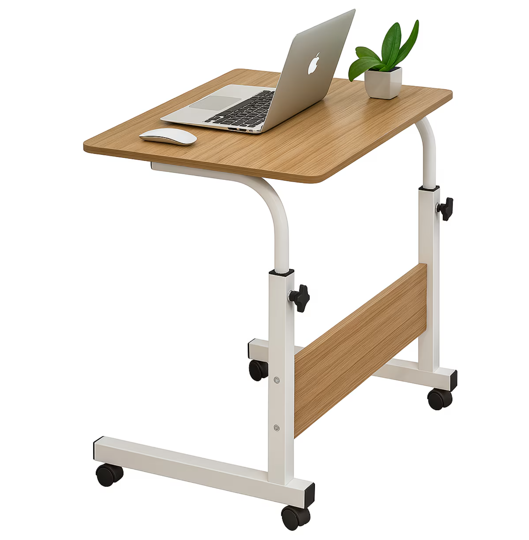 Birou mobil pentru laptop, Zola, 60 x 40 x 69-90 cm, inaltime reglabila, roti pivotante, mecanism blocare, cadru metalic, PAL, alb/artar
