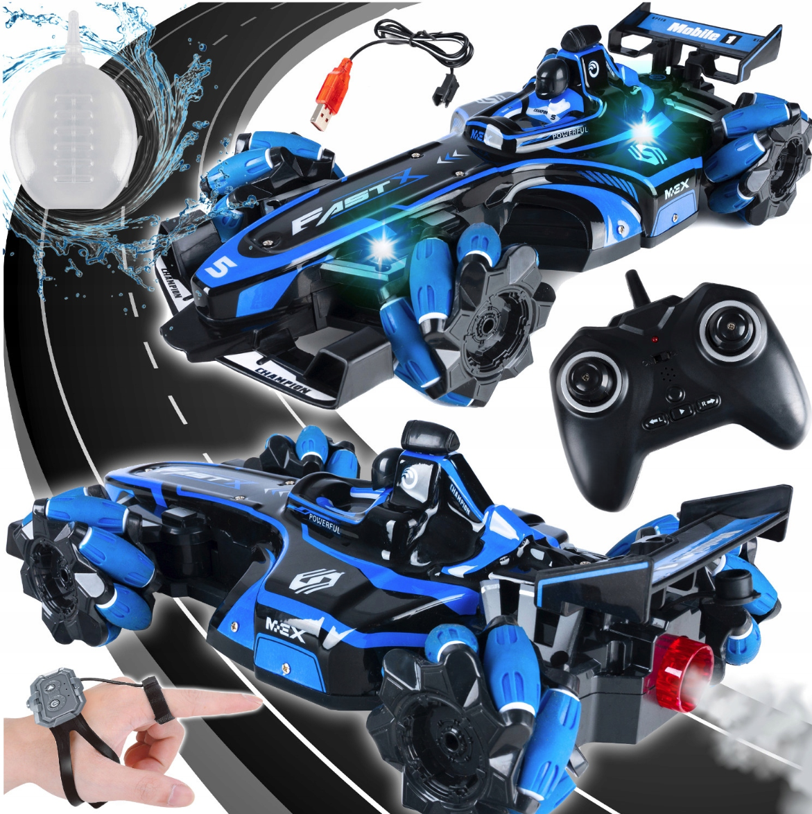 Masina de curse Formula Drift 4x4 cu telecomanda si control prin gesturi, Zola, lumini, sunete, abur, cascadorii 360°, 34 x 16.5 x 10 cm, negru/albastru