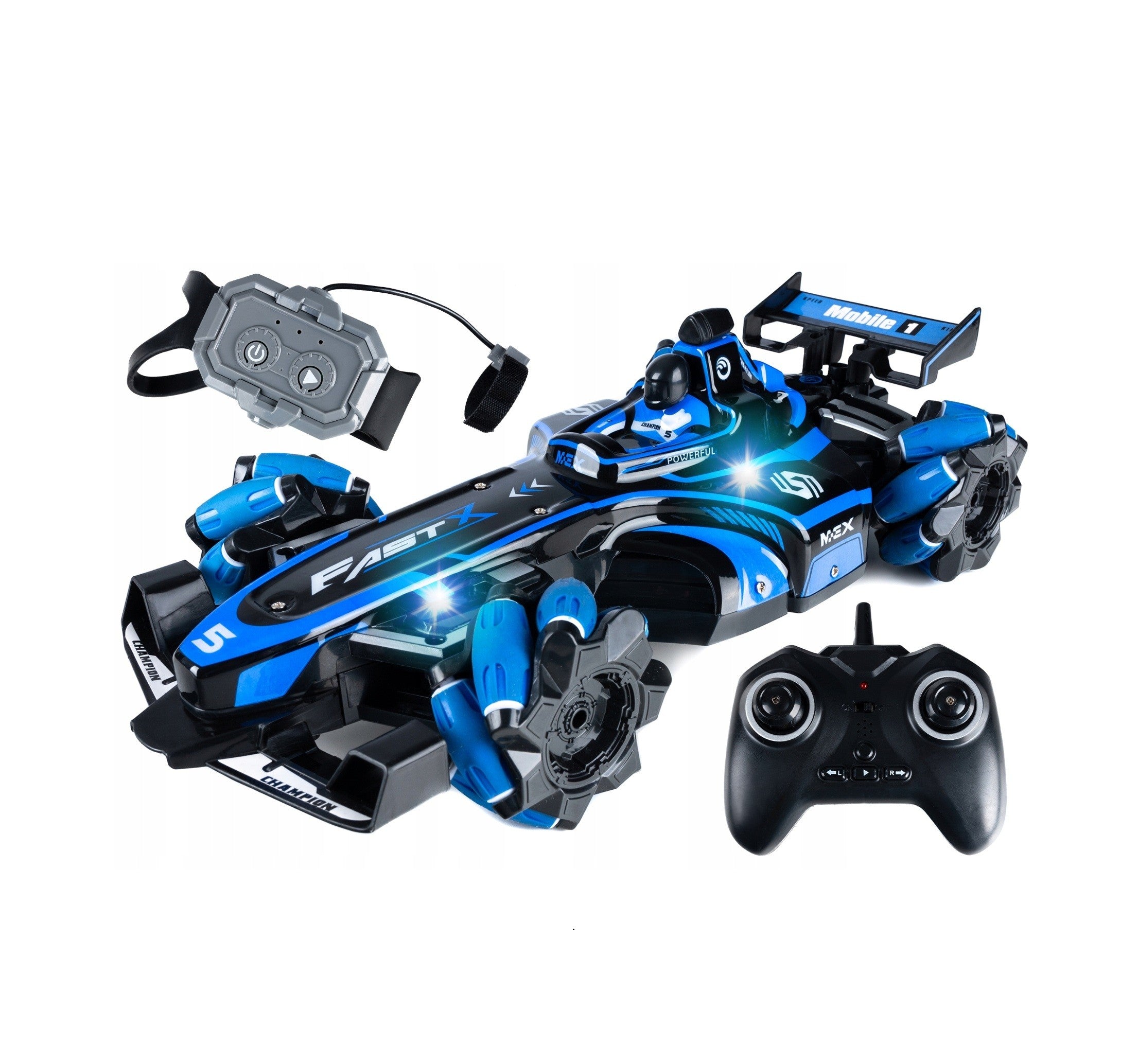 Masina de curse Formula Drift 4x4 cu telecomanda si control prin gesturi, Zola, lumini, sunete, abur, cascadorii 360°, 34 x 16.5 x 10 cm, negru/albastru