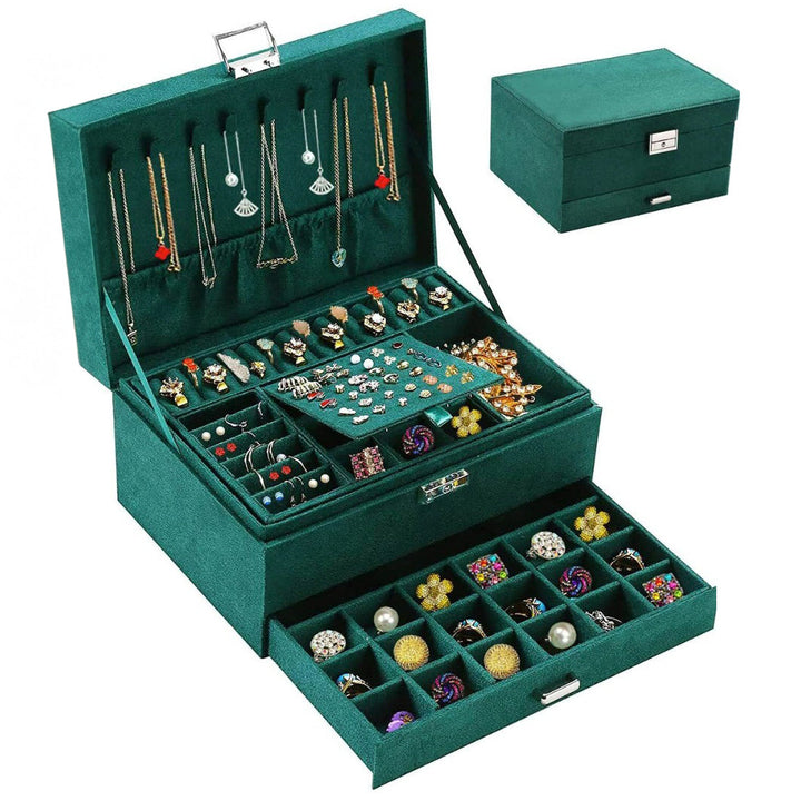 Organizator pentru bijuterii, Zola®, din material moale, placut la atingere, verde, inchidere zavor metalic, 23x17x10.5 cm
