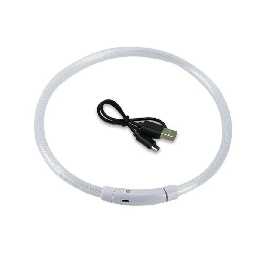 Zgarda cu LED, Zola®, pentru caini/ pisici, incarcare prin USB, 3 moduri de iluminare, din cauciuc, rezistenta la apa, lungime 47 cm, abilitate de a se scurta, alba