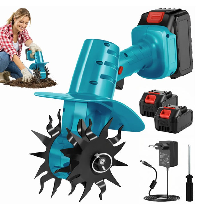 Cultivator electric de mana pentru gradina, Zola, 350 W, 22000 RPM, 2 acumulatori Li-Ion, 1500 mAh, lame otel, turcoaz / negru