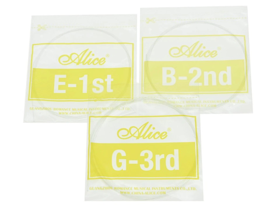 Set 6 corzi pentru chitara clasica, Zola, dimensiuni 0.28/0.29/0.32/0.35/0.40/0.43, 3 cu invelis placat cu argint, Alice , 3 fara invelis transparent, lungime 105 cm, argintii