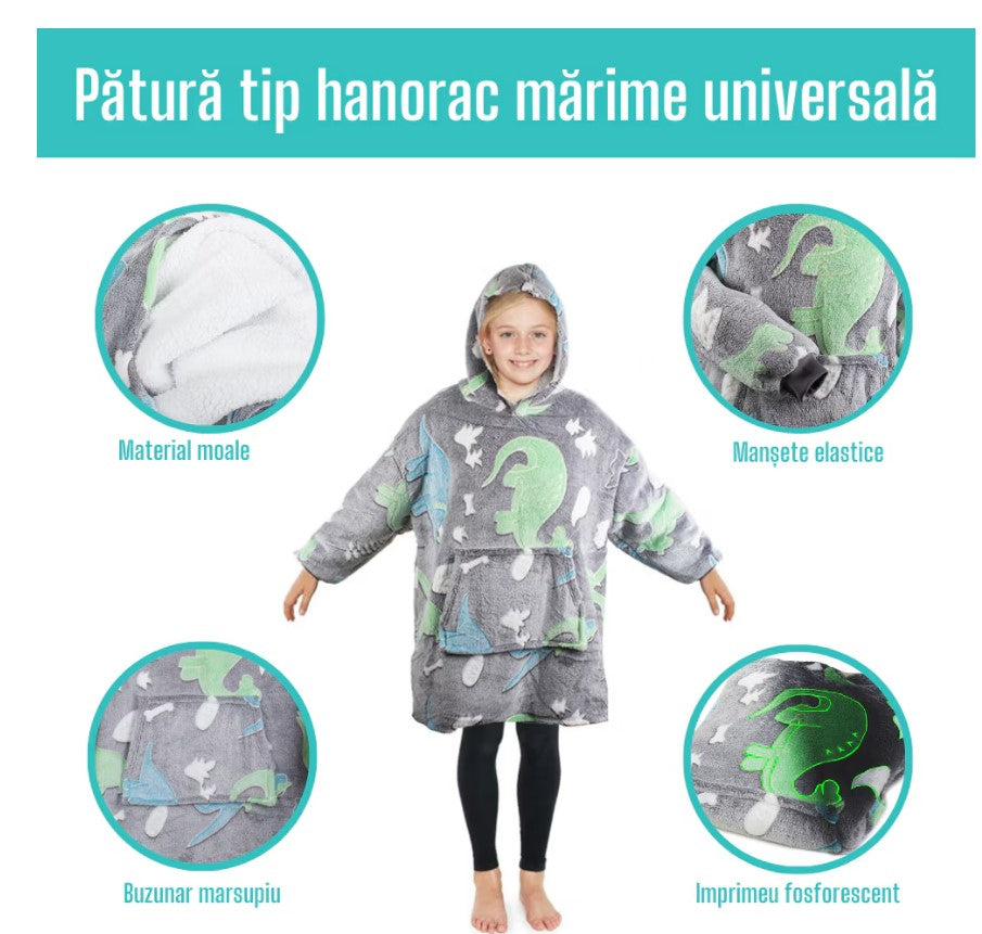 Hanorac patura cu gluga si maneci pentru copii, Zola®, insertii fosforescente, calduros si pufos, buzunar spatios, model dinozauri, marime universala, gri