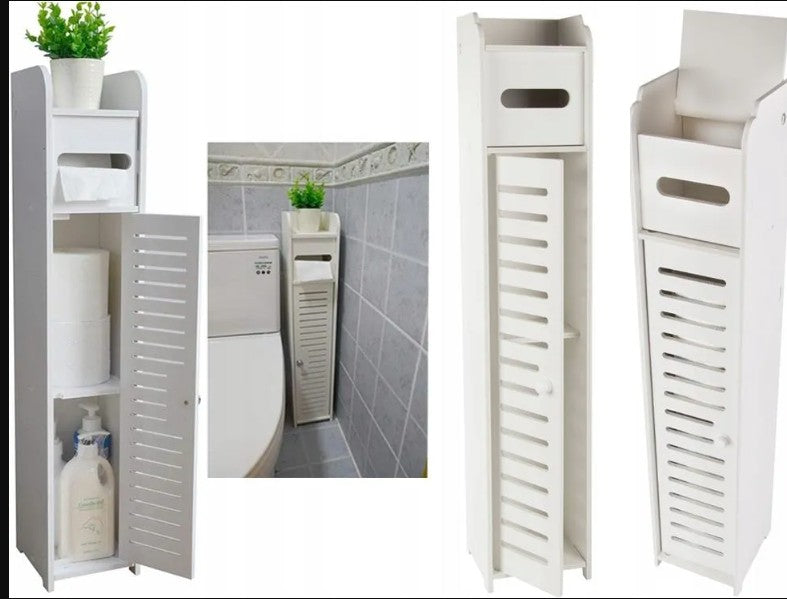 Dulap pentru baie, Zola, 3 rafturi, suport pentru hartie igienica incorporat, plastic, spuma presata, 15 x 15 x 79 cm, alb