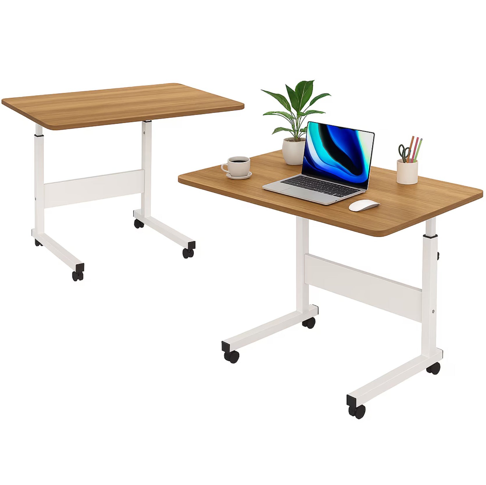 Birou mobil pentru laptop, Zola, 60 x 40 x 69-90 cm, inaltime reglabila, roti pivotante, mecanism blocare, cadru metalic, PAL, alb/artar