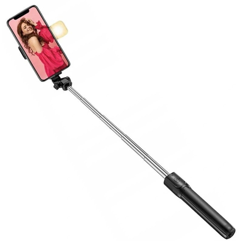 Selfie stick/trepied, Zola, lumina LED, 62 cm, otel inoxidabil, cu telecomanda, cap mobil 360 grade, negru