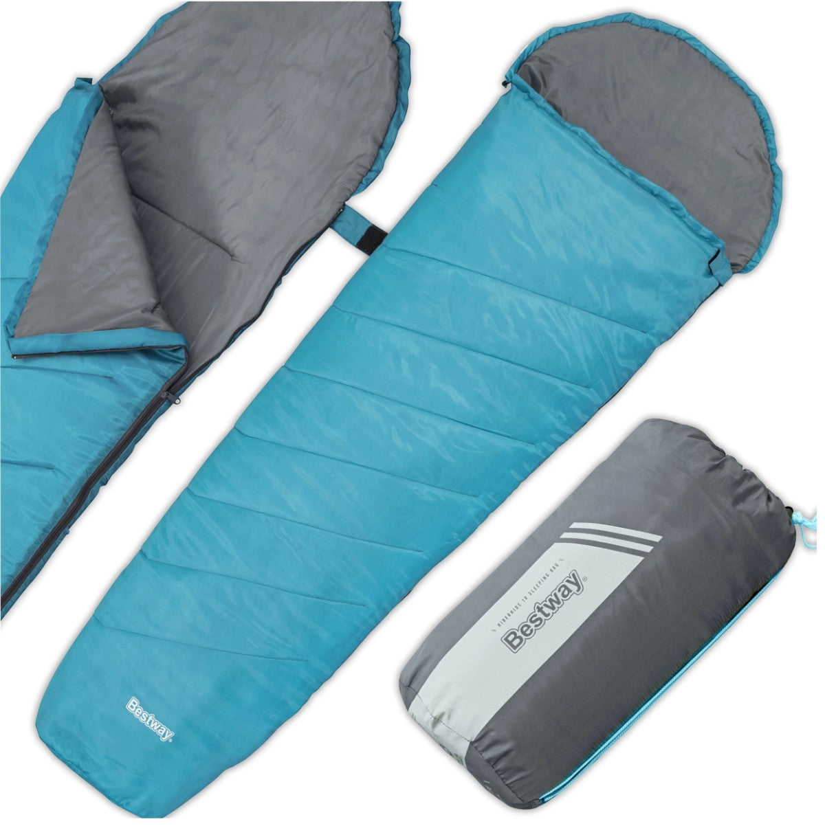 Sac de dormit usor si compact, Bestway, poliester 170T, spuma termica, impermeabil, 800 g, pentru camping si drumetii, 220 x 75 x 50 cm, gri/turcoaz