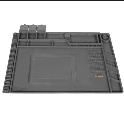 Covoras din silicon rezistent la caldura, Zola,  organizator service, 4 buzunare magnetice, marcaje si linii de masurare, loc special pentru surubelnite, gri, 30 x 45 cm