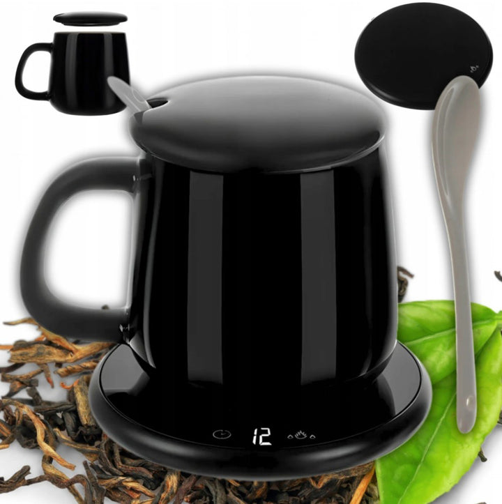 Cana ceramica cu incalzitor si lingurita, Zola, temperatura constanta  60°C, 220V, 2 programe de incalzire, 400 ml, neagra