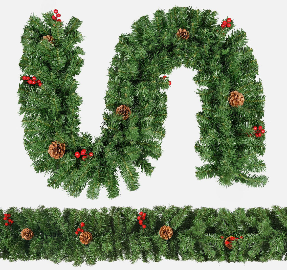 Ghirlanda decorativa de brad cu lumini Led, Zola, pentru Craciun, alb cald, conuri, fructe rosii, 270 x 28 cm