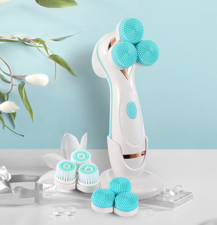 Peria faciala pentru curatare si masaj, UBX, rotatie 360°, 2 capete de perie din silicon si 1 perie moale, albastra, plastic