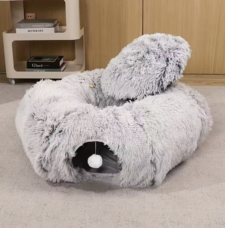 Culcus 3 in 1 cu tunel de joaca pentru pisici, Zola, transformabil, pernita detasabila, cu bila agatata, plus moale, 2 x 85 cm, gri
