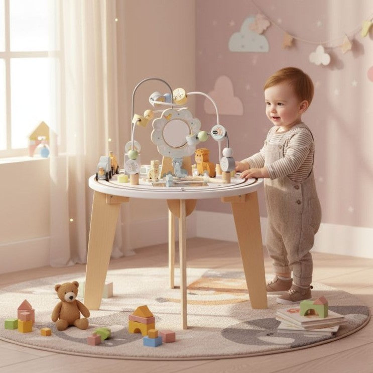 Masuta educationala Montessori, Zola, trenulet magnetic cu animalute, 2 trasee bilute, roti, activitati senzoriale, din lemn, 40 x 54 cm, alba