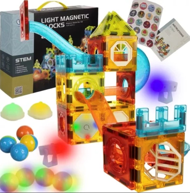 Joc interactiv de construit magnetic, Zola®, 75 elemente luminose, bilute colorate, roller coaster, educativ si creativ, plastic, multicolor