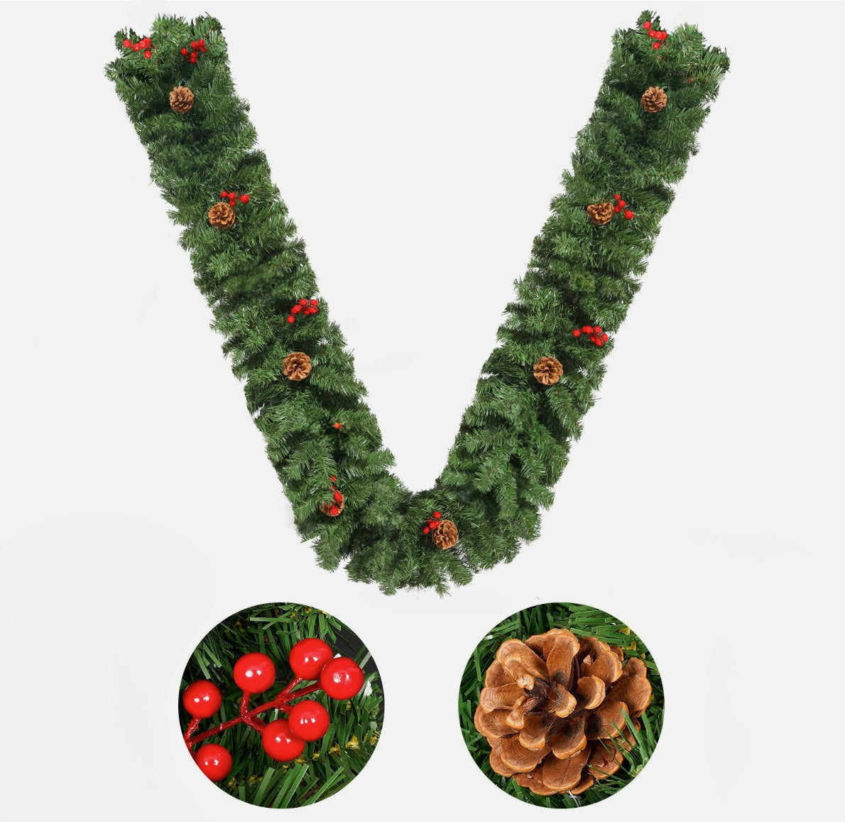 Ghirlanda decorativa de brad cu lumini Led, Zola, pentru Craciun, alb cald, conuri, fructe rosii, 270 x 28 cm