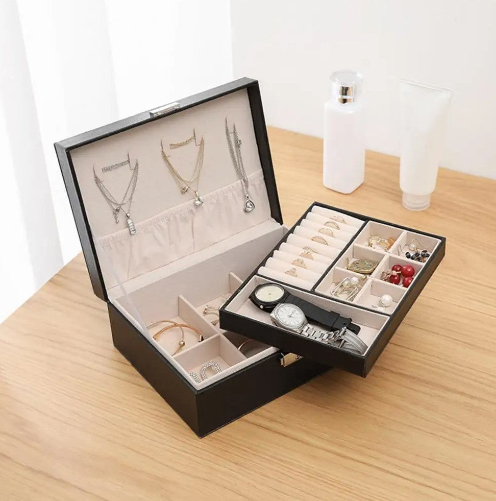 Cutie de bijuterii, Zola®, dreptunghi, cu inchizatoare, 23x18x9 cm, piele ecologica neagra