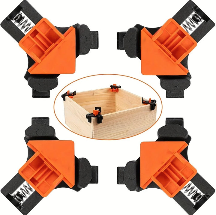 Set 4 cleme unghiulare pentru lemn, plastic si metale usoare, Zola, fixare unghi drept 90°, interval de lucru 5–22 mm, negru/portocaliu