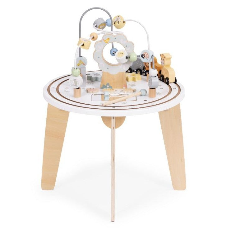 Masuta educationala Montessori, Zola, trenulet magnetic cu animalute, 2 trasee bilute, roti, activitati senzoriale, din lemn, 40 x 54 cm, alba