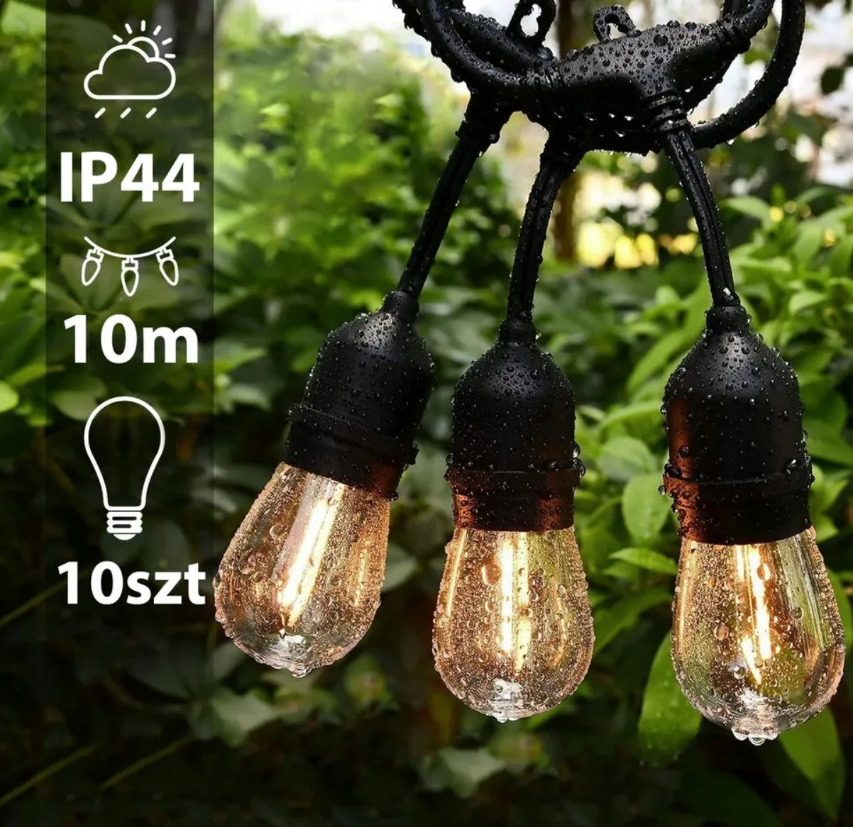 Ghirlanda de exterior 10 becuri LED,  Zola®, 10 m, cablu din cauciuc, neagra