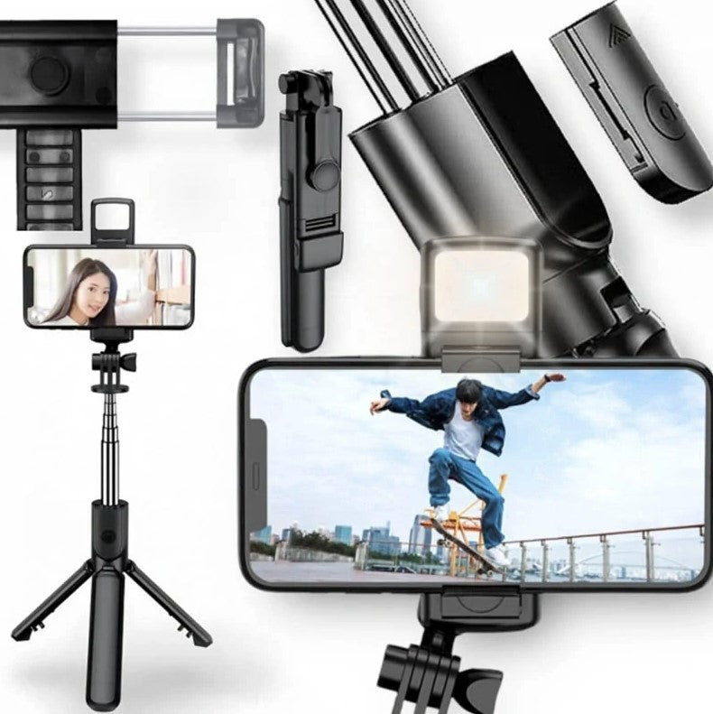 Selfie stick/trepied, Zola, lumina LED, 62 cm, otel inoxidabil, cu telecomanda, cap mobil 360 grade, negru