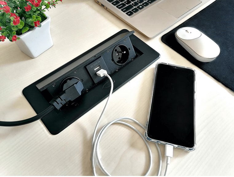 Priza incastrabila dreptunghiulara, Zola®, 2 prize alimentare 250V, 2x USB 2.1 - 2A, carcasa metalica, negru