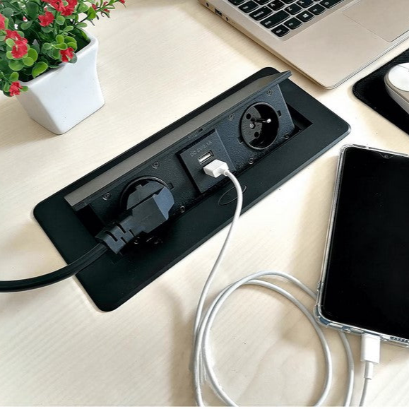 Priza incastrabila dreptunghiulara, Zola®, 2 prize alimentare 250V, 2x USB 2.1 - 2A, carcasa metalica, negru