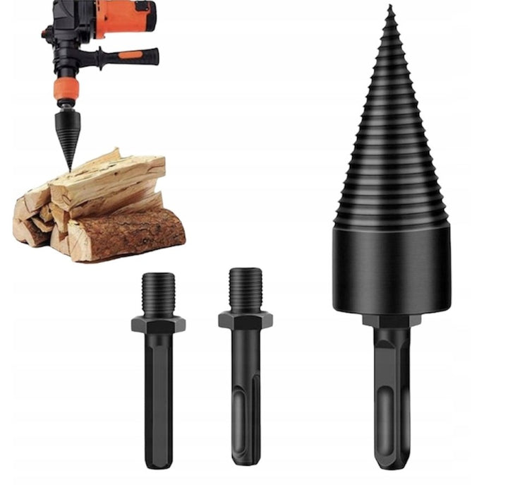 Burghiu conic pentru despicarea lemnului, Zola, diametru 48 mm, 3 adaptoare diferite, otel carbon, negru
