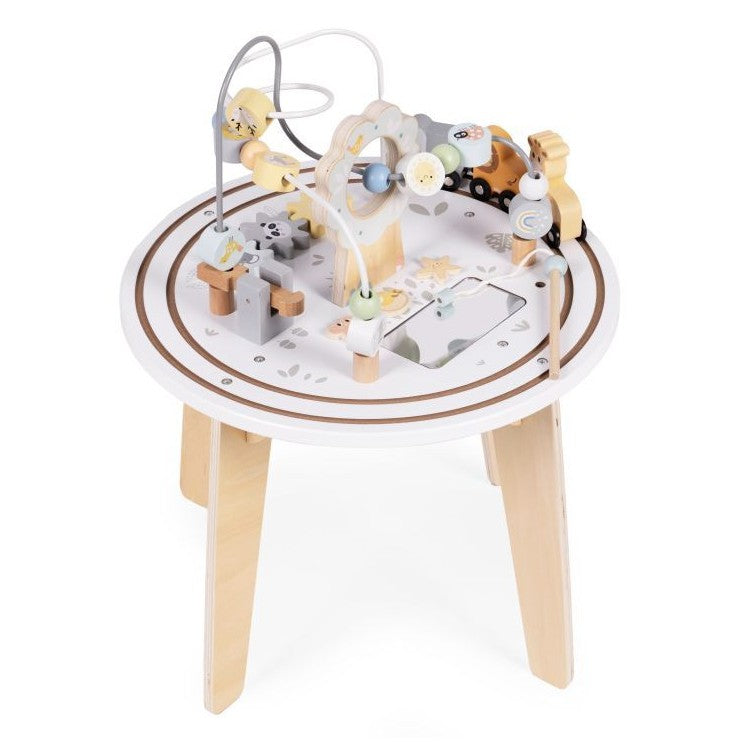 Masuta educationala Montessori, Zola, trenulet magnetic cu animalute, 2 trasee bilute, roti, activitati senzoriale, din lemn, 40 x 54 cm, alba