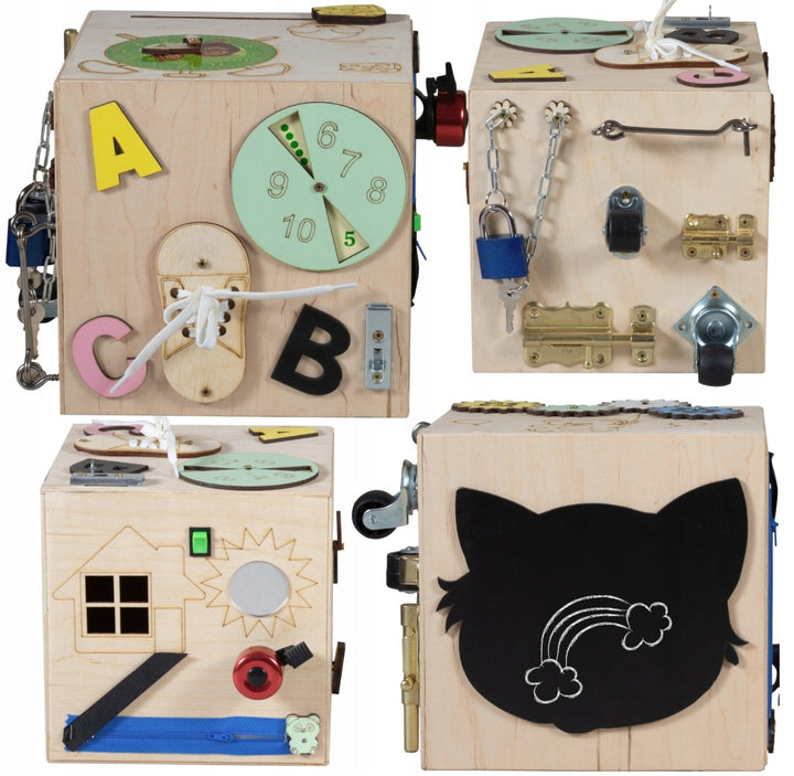 Cub educativ montessori, Zola®, 6 laturi,cu activitati care dezvolta inteligenta copilului si  motricitatii fine, lemn, culori placute, 20.5 x 20.5 x 20.5 cm