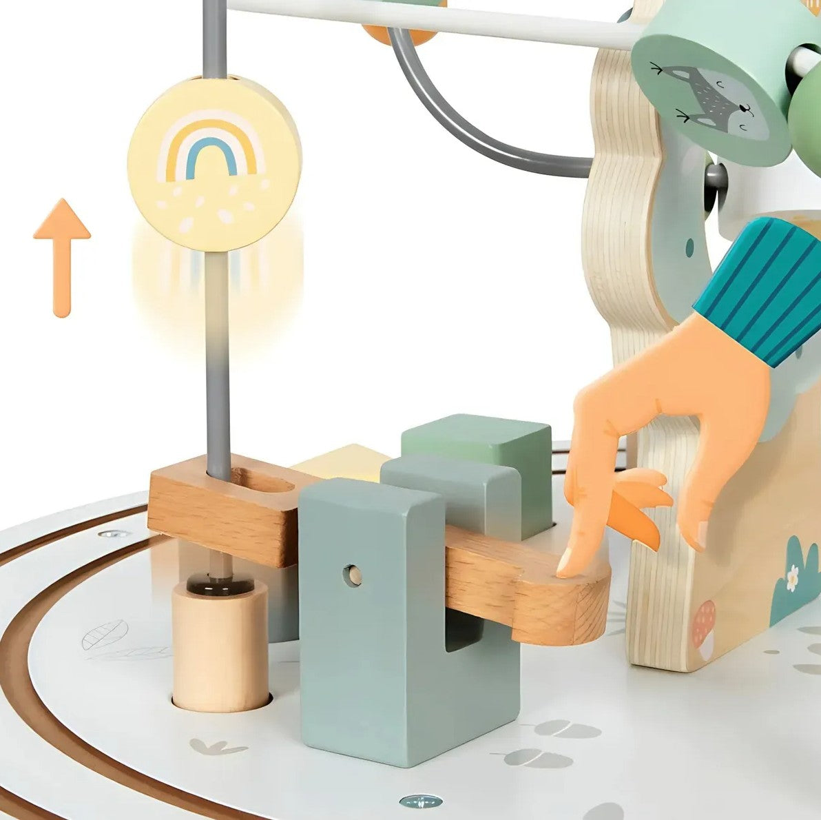 Masuta educationala Montessori, Zola, trenulet magnetic cu animalute, 2 trasee bilute, roti, activitati senzoriale, din lemn, 40 x 54 cm, alba