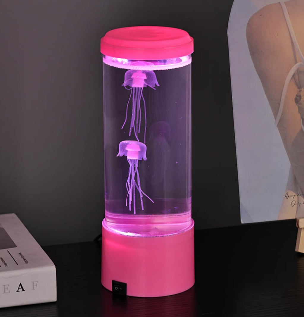 Lampa LED RGB ambientala Jellyfish, Zola, 2 meduze artificiale, efect acvariu, alimentare USB/baterii, 8 × 22 cm, roz