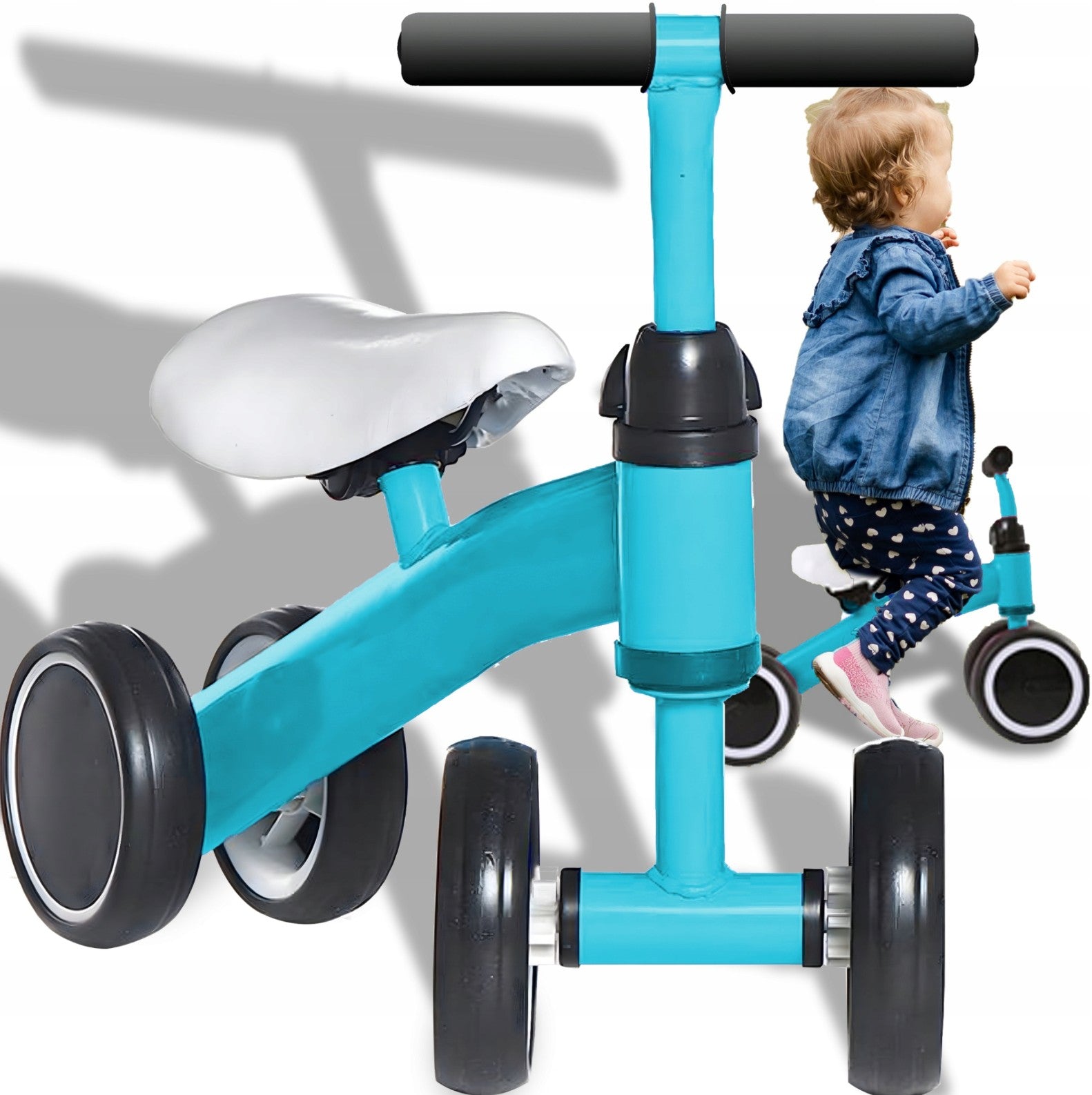 Bicicleta fara pedale pentru copii, Zola®, 4 roti spuma EVA, inaltime 42 cm, diametru roti 12.5 cm, albastra