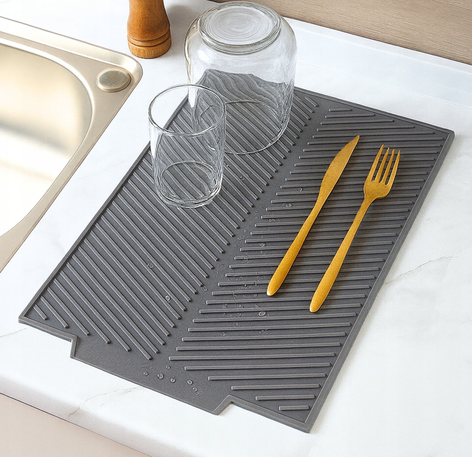 Suport din silicon pentru scurgerea vaselor, Zola, antiderapant, PVC, 43 x 33.5 x 1 cm, gri
