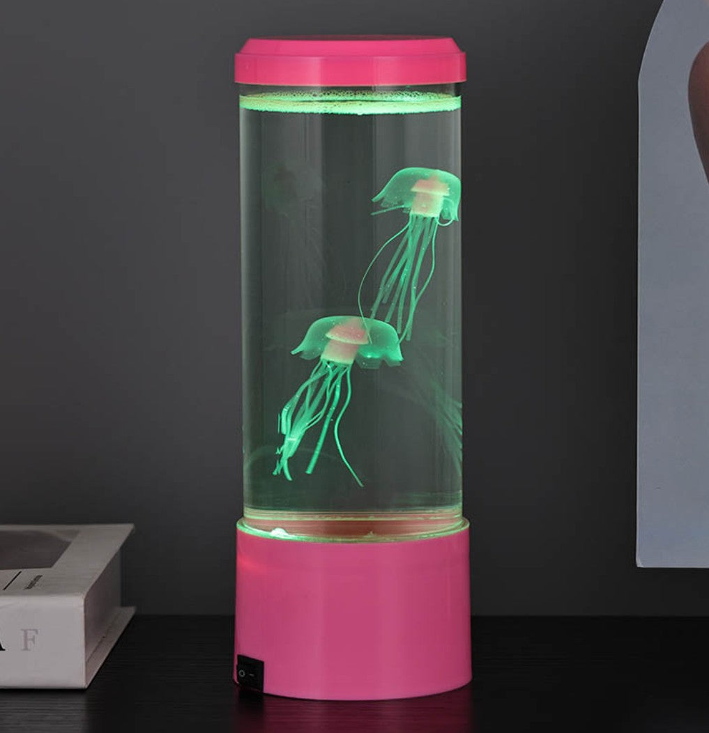 Lampa LED RGB ambientala Jellyfish, Zola, 2 meduze artificiale, efect acvariu, alimentare USB/baterii, 8 × 22 cm, roz