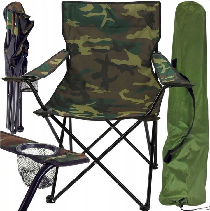 Scaun pliabil de pescuit/camping model camuflaj, Zola, cu suport pahar, cadru metalic, greutate suportata 100Kg, tesatura Oxford, 50 x 50 x 80 cm, husa, verde camuflaj