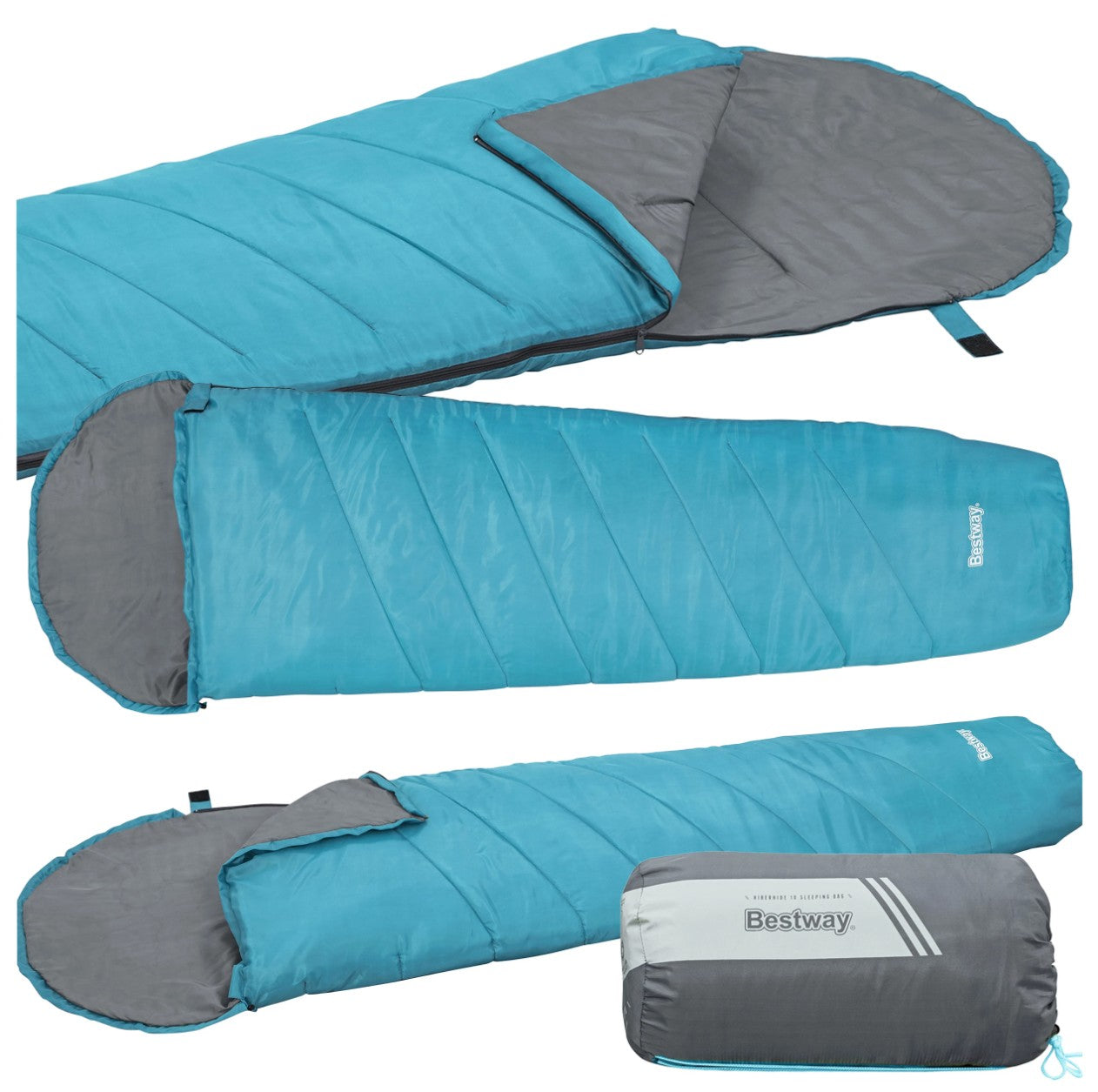 Sac de dormit usor si compact, Bestway, poliester 170T, spuma termica, impermeabil, 800 g, pentru camping si drumetii, 220 x 75 x 50 cm, gri/turcoaz